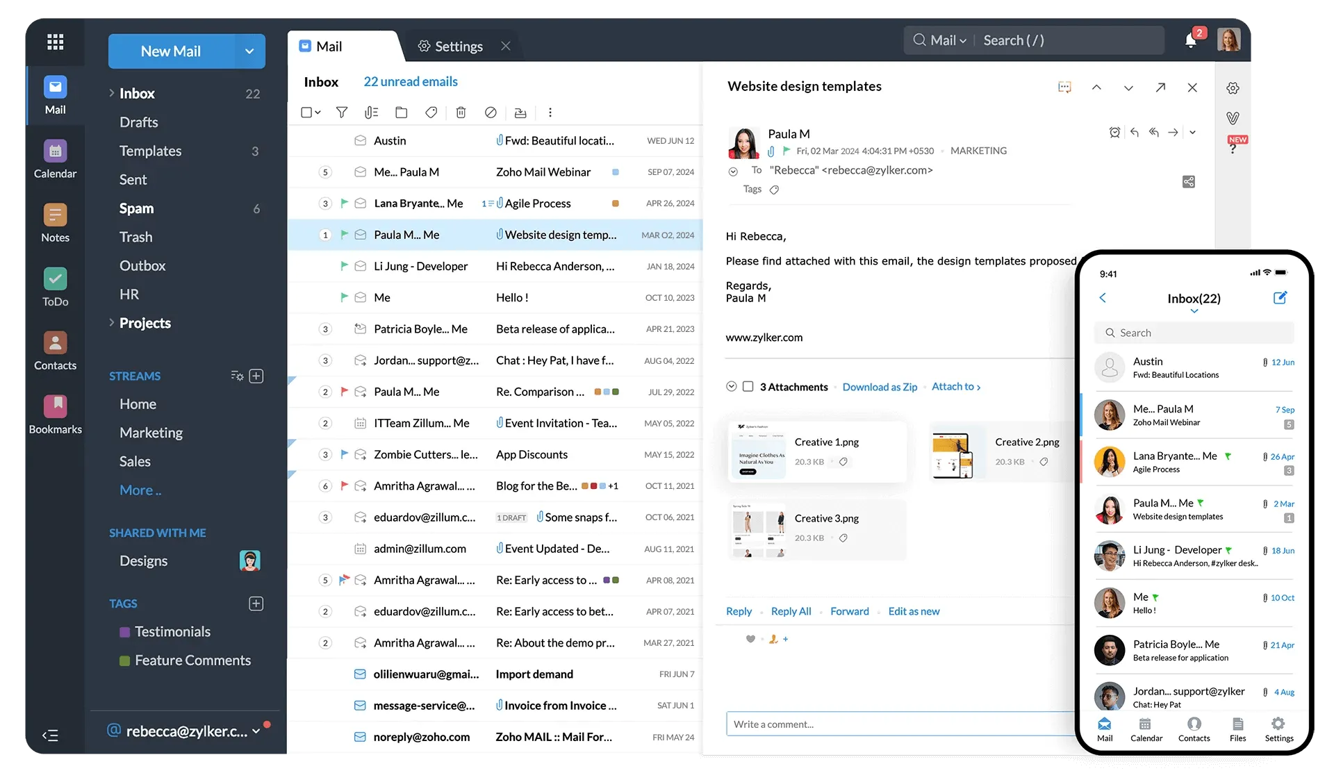 Zoho Mail inbox with folders, calendar and contacts on a business domain